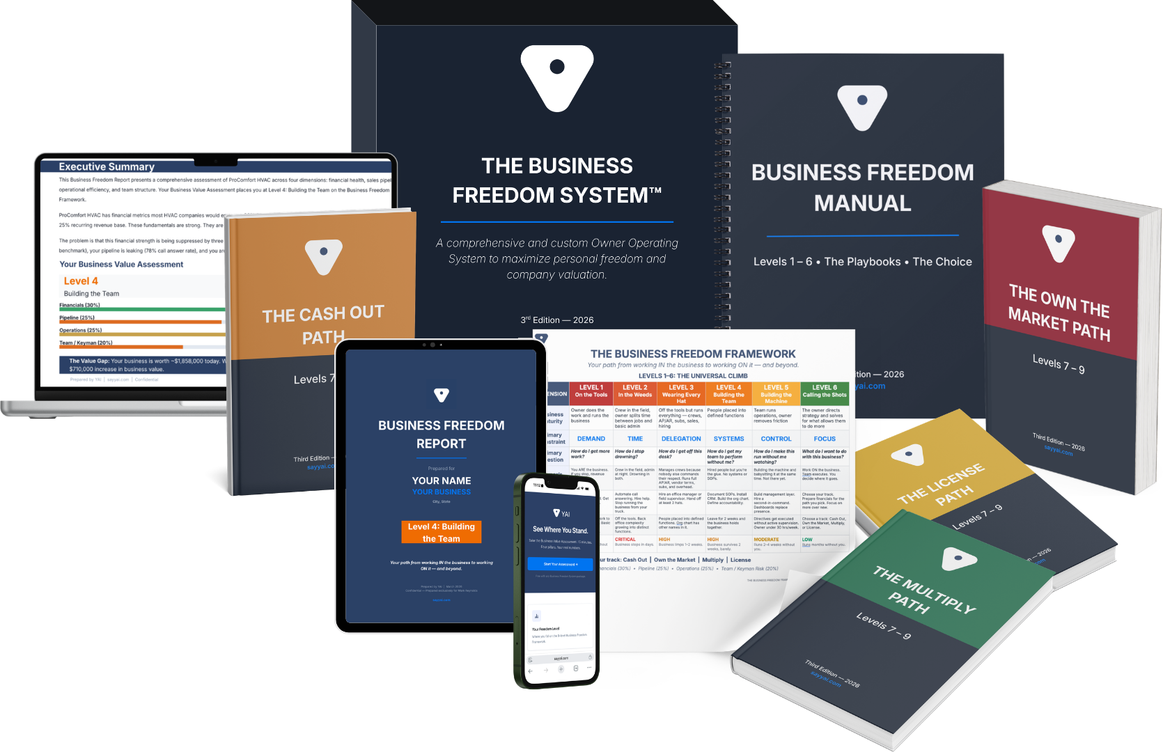 Business Freedom System bundle — printed manual, scored assessment report, path manual, and walkthrough call materials.